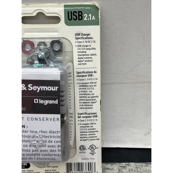 LeGrand 2 USB 2.1A Chargers + 1 Outlet, Black, 125V. {106}. - Picture 7 of 9